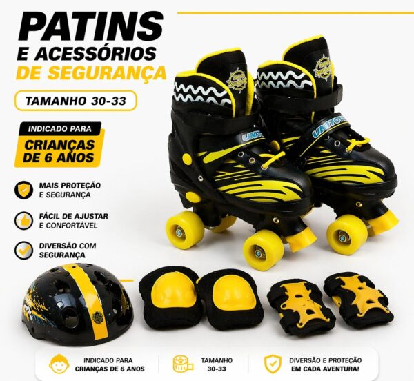 Patins Infantil com Kit de Proteção tam 30-33- Preta e amarela