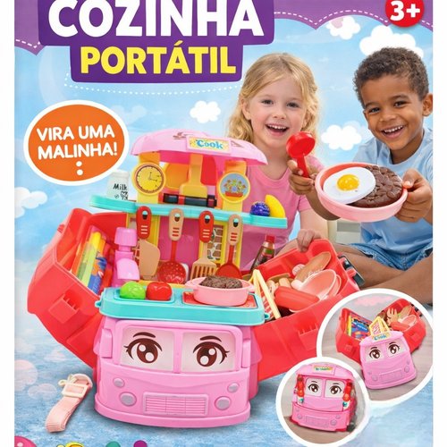 Brinquedo Conjunto Cozinha de Plástico Com Acessórios Maleta ônibus e Food truck