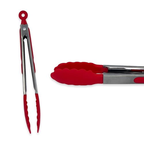 Pinça Pegador Culinário Silicone 30 Cm Multiuso Inox Fritura - Vermelho