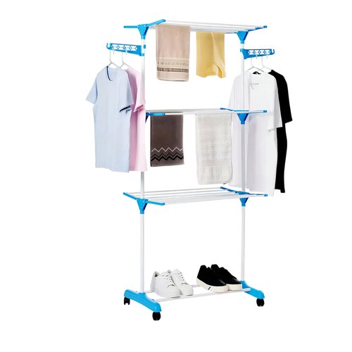 Multi Varal De Chão Com Bandejas 3 Andares Com Cabideiro- Azul