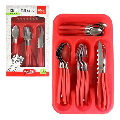 Jogo De Talheres Faqueiro Aço Inox Com Gaveteiro - Vermelho