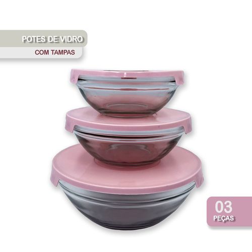 Conjunto 3 Potes De Vidro Herméticos Com Tampa - Rosa