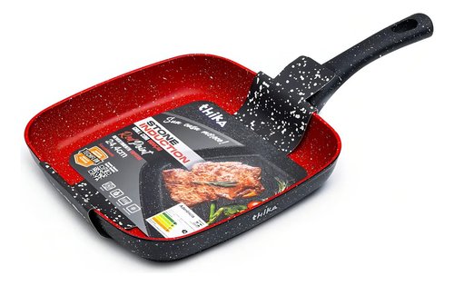 Frigideira Grill Quadrada 24cm Antiaderente Indução Stone Red Point Cabo Resistente