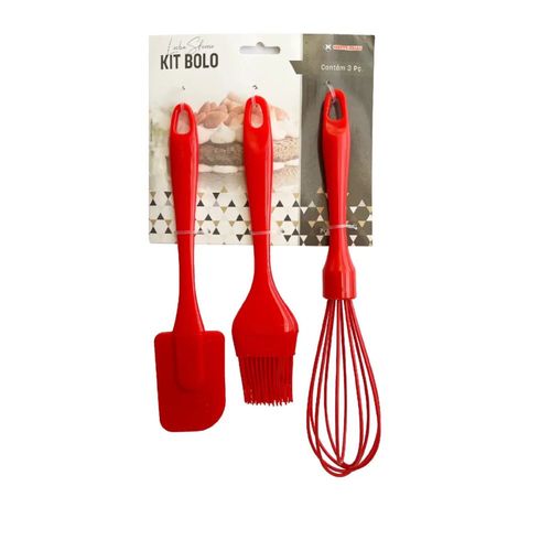Kit 3 Peças Espátula, Pincel e Batedor de Silicone Para Bolo - Vermelha