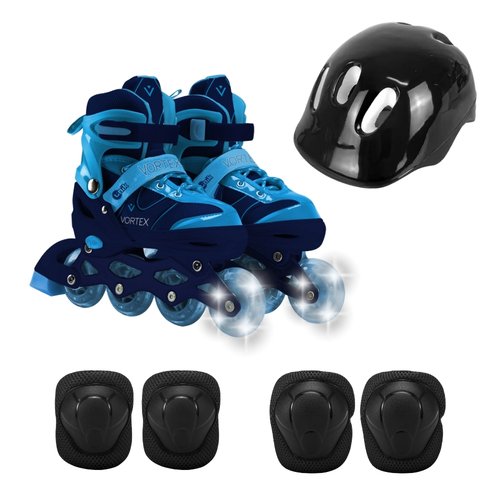 Patins Infantil Maculino Travessos 4 Rodas Esporte com LED e Acessórios 35-38 - Azul