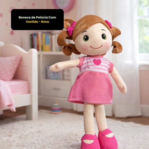Boneca de Pelúcia Com Vestido - Rosa