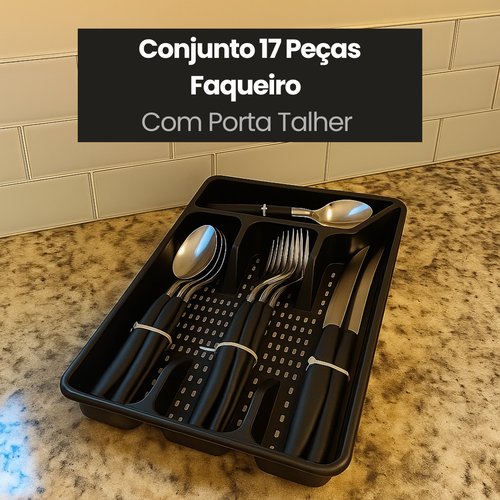 Conjunto 17 Peças Faqueiro Com Porta Talher - Preta