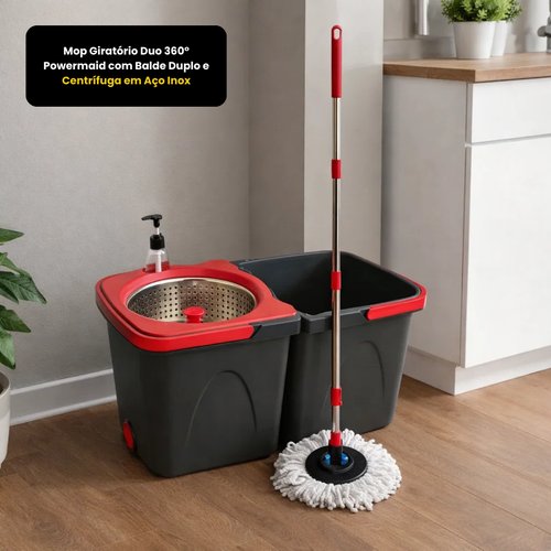 Mop Giratório Duo 360° Powermaid com Balde Duplo e Centrífuga em Aço Inox