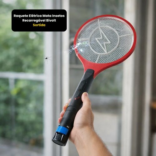 Raquete Elétrica Mata Insetos Recarregável Bivolt - Sortida