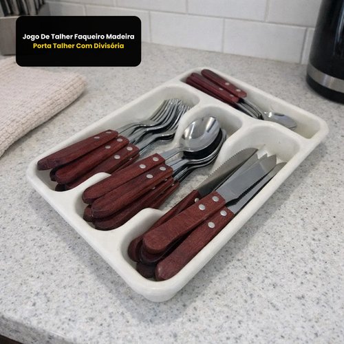 Jogo De Talher Faqueiro Madeira Porta Talher Com Divisória