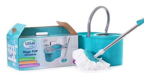 Mop Balde Esfregão Giratório 1 Refil Com Roda E Alça