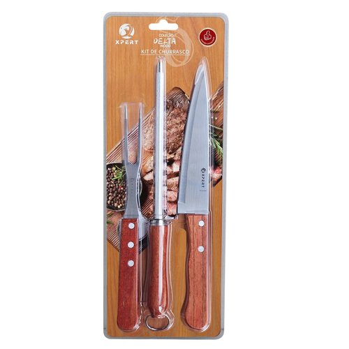 Kit 3 Peças Para Churrasco Com Cabo de Madeira - Aço Inox