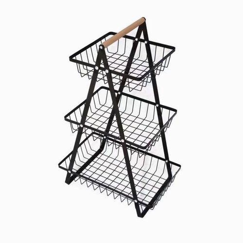 Fruteira de Metal Multiuso 3 Andares com Alça em Madeira - Preta