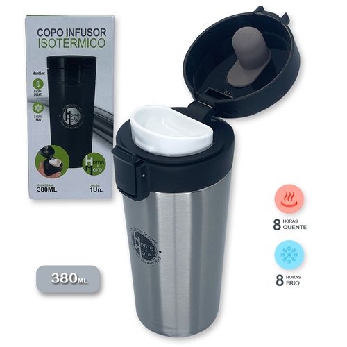 Copo Térmico Infusor 380ml Aço Inox Garrafa A Vácuo - Cinza
