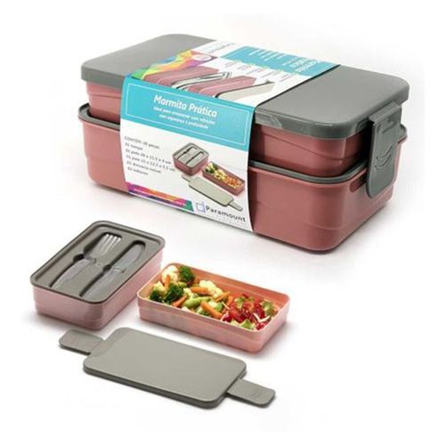 Marmita Prática Divisórias Organizadora Kit Com Talher - Rosa