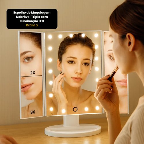 Espelho de Maquiagem Dobrável Triplo com Iluminação LED - Branca