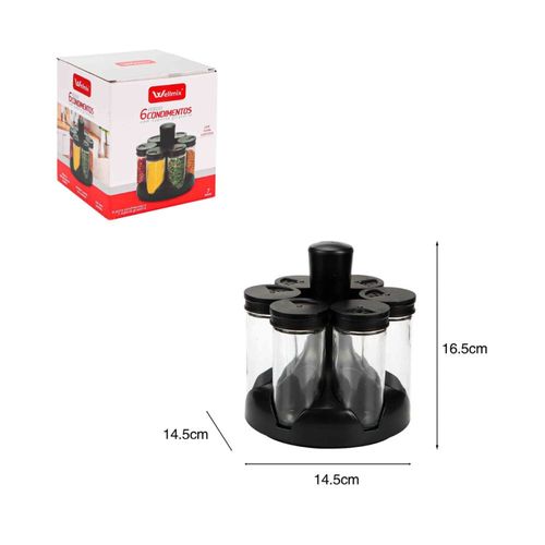 Conjunto 6 Porta Condimentos em Vidro com Suporte Giratório Zug - Preto