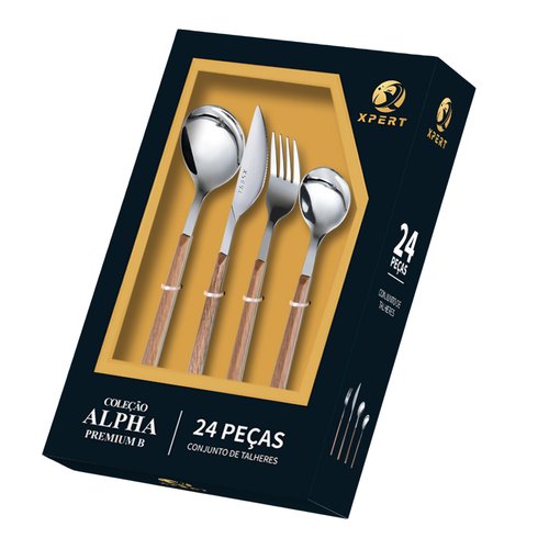 Conjunto 24 Peças Talheres Cabo Tipo Madeira