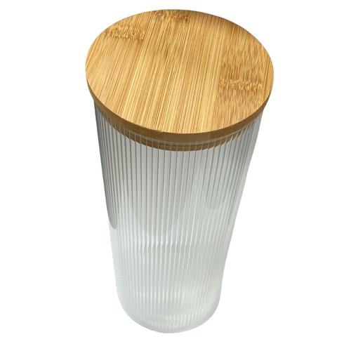 Pote De Vidro Borossilicato Listrado Com Tampa De Bambu 1,8l