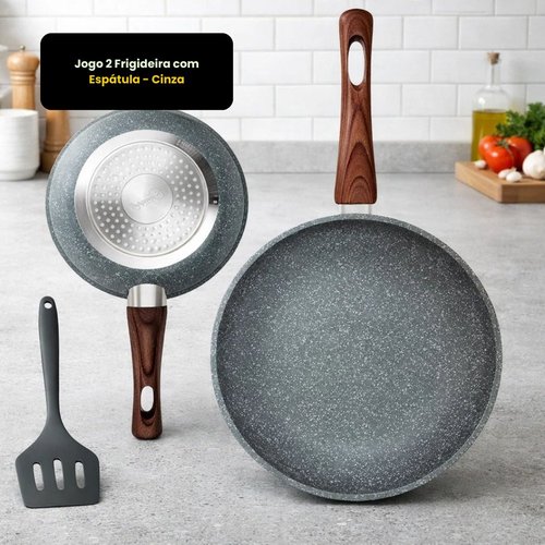Kit 2 Frigideiras com Revestimento Nanocerâmico Granito com Espátula - Cinza