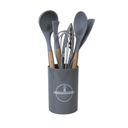 O Jogo com 7 Peças de Silicone Cinza com Cabo de Madeira