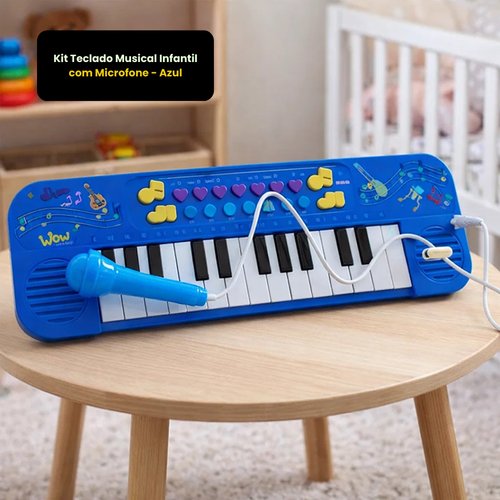 Kit Teclado Musical Infantil com Microfone - Azul