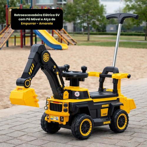 Retroescavadeira Elétrica 6V com Pá Móvel e Alça de Empurrar - Amarela