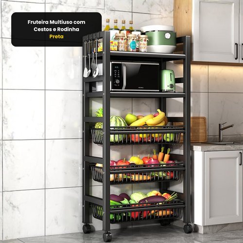 Fruteira Multiuso com Cestos e Rodinha - Preta
