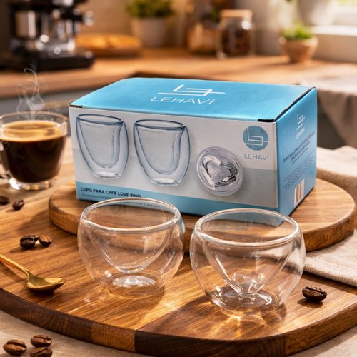 Conjunto Dois Copos Café Borossilicato Love Coração 90ml