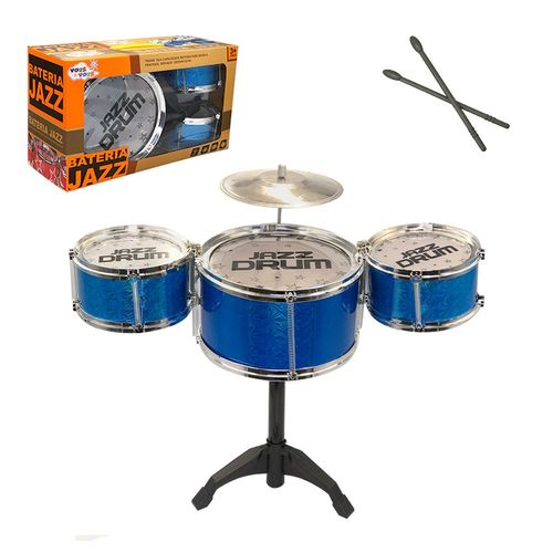 Bateria Jazz de Brinquedo com 3 Tambores e Par de Baquetas - Azul