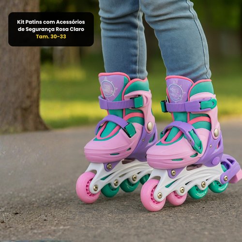 Kit Patins com Acessórios de Segurança Rosa Claro - Tam. 30-33