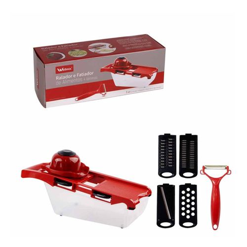 Jogo 6 Peças Ralador E Fatiador De Alimentos Com 4 Lâminas - Vermelha