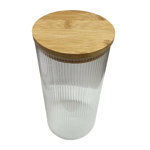 Pote De Vidro Borossilicato Listrado Com Tampa De Bambu 1,4l