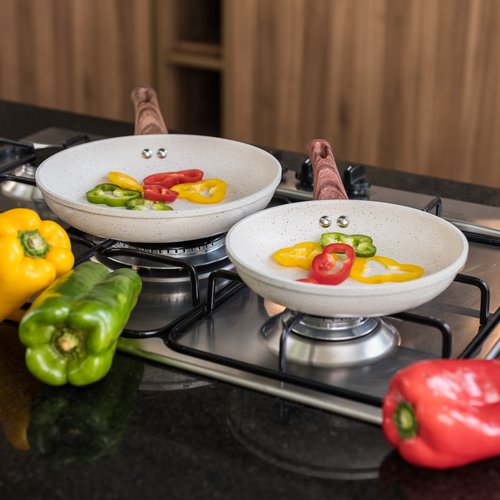 Kit 2 Frigideiras com Revestimento Nanocerâmico Granito Preto Espátula de Silicone - Creme