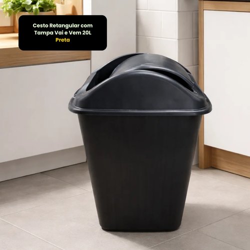 Cesto Retangular com Tampa Vai e Vem 20L Preto