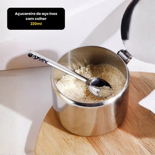 Açucareiro de aço inox com colher - 220ml