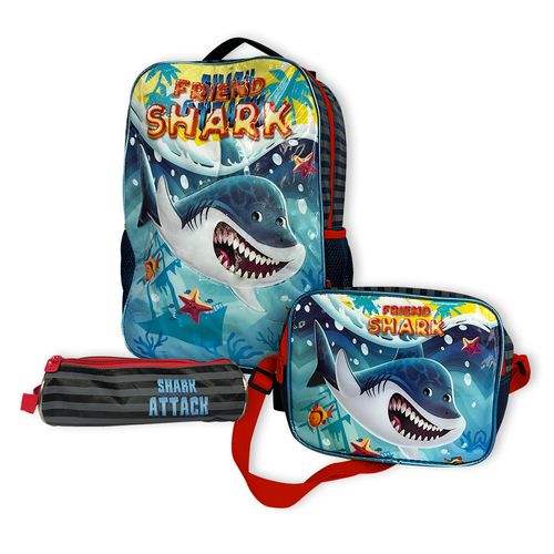 Kit Mochila Infantil Escolar Com 3 Peças Tubarão Vermelha