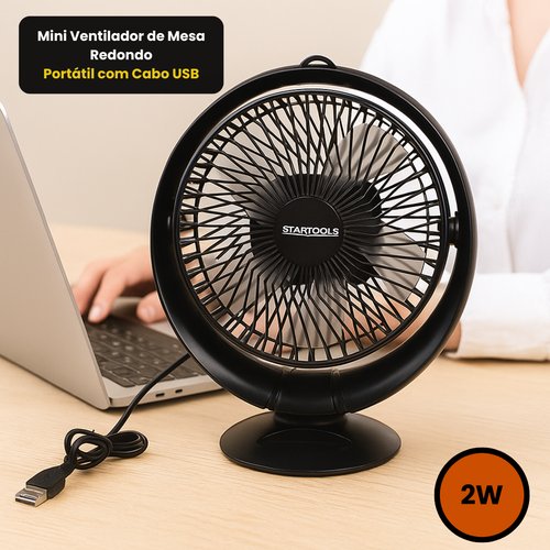 Mini Ventilador de Mesa Redondo Portátil com Cabo USB - Preta