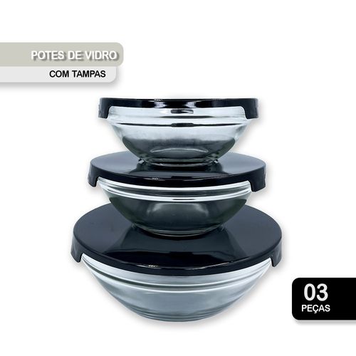 WE DROP - Conjunto 3 Potes de Vidro Hermeticos Com Tampa - Preto