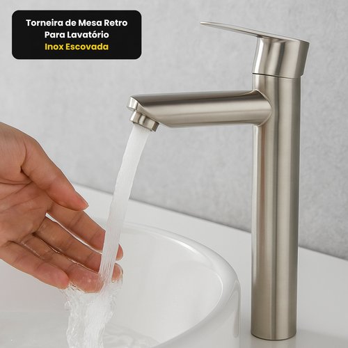 Torneira de Mesa Retro Para Lavatório - Inox Escovada