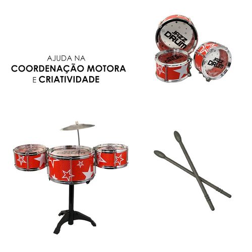 Bateria Jazz de Brinquedo com 3 Tambores e Par de Baquetas - Vermelha