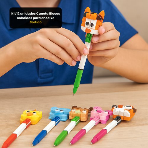 Kit 12 unidades Caneta Blocos coloridos para encaixe - Sortido