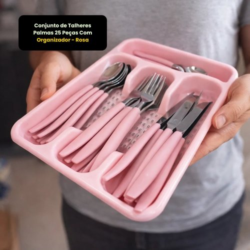 Conjunto de Talheres Palmas 25 Peças Com Organizador - Rosa