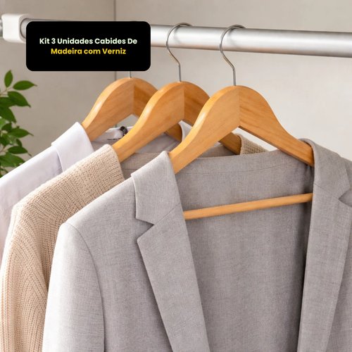 Kit 3 Unidades Cabides De Madeira com Verniz