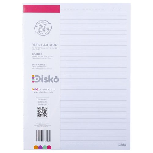 Refil Disko 50 Folhas Pautadas Grande G Caderno Disco Reposicionável Escolar