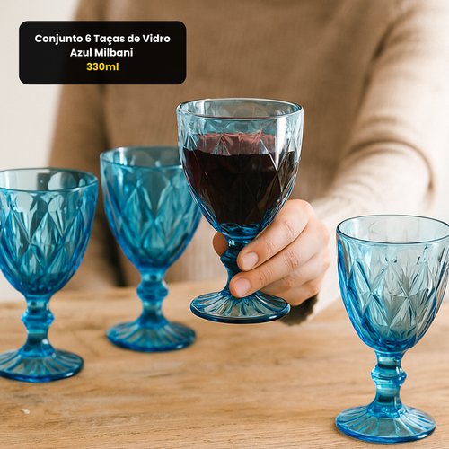 Conjunto 6 Taças De Vidro Azul Milani 330ml