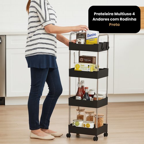 Prateleira Multiuso 4 Andares com Rodinha Preta