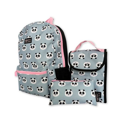 Mochila Escolar Panda com Estojo e Lancheira 3 Peças