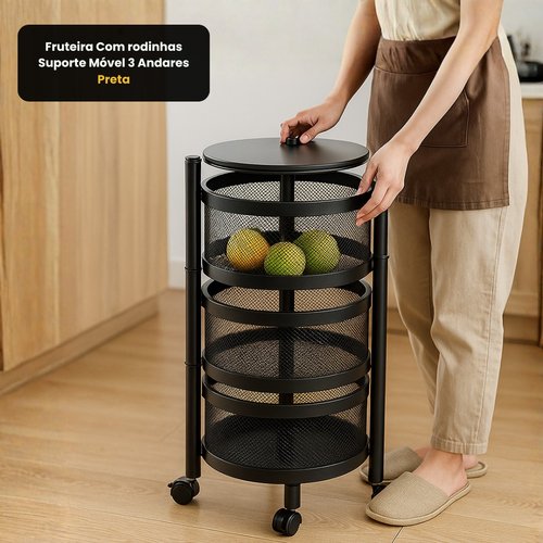 Fruteira Com rodinhas Suporte Móvel 3 Andares - Preto