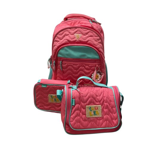 Kit Mochila Lancheira e Estojo Escolar da Luluca com Rodinha e Alça de Costas - Rosa